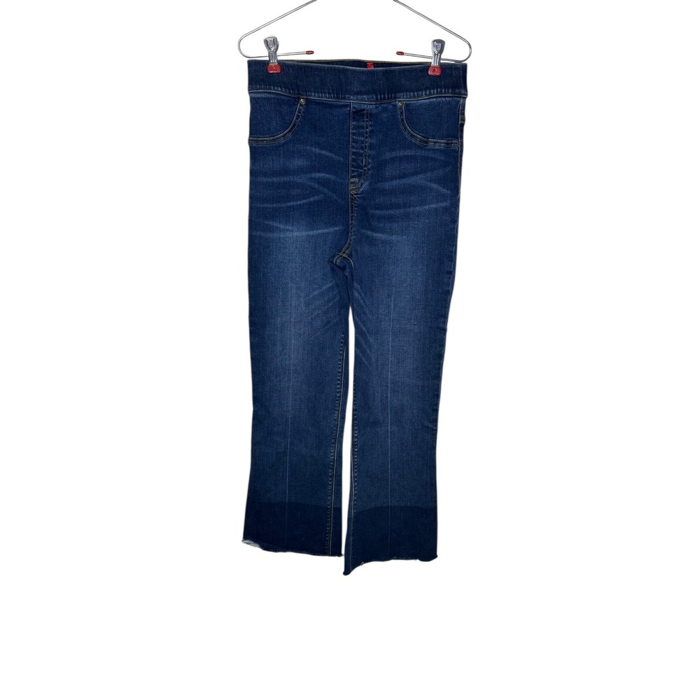 Spanx Women's Jeans Pull On Hi-Rise Ankle Flare Leg Raw Hem Mid Wash Blue Medium